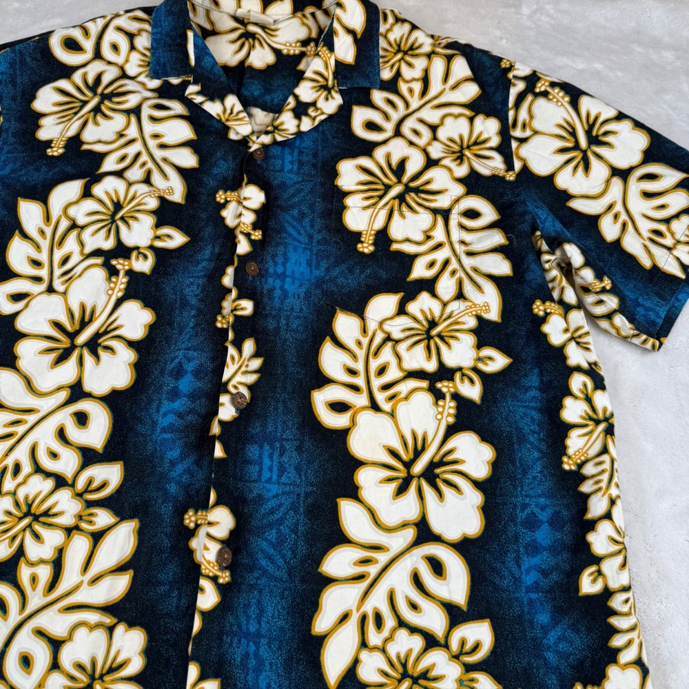 Made in Hawaii Mens XL‎ Aloha Shirt Blue Hibiscus Floral Cotton Button Down XL